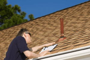 Roofer inspecting a roof jack on a shingle roof in Gaithersburg