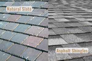 Natural slate roofing and asphalt shingles on a residential home
