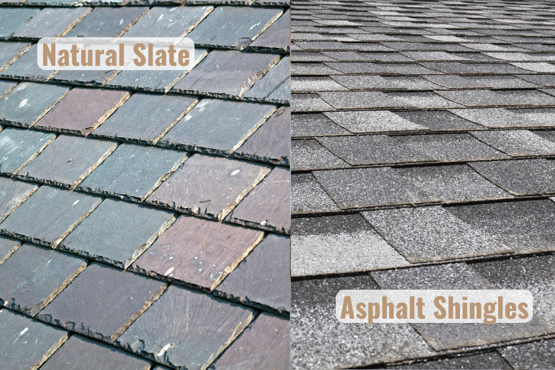 Natural slate roofing and asphalt shingles on a residential home