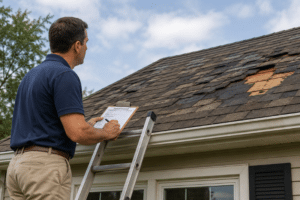 Professional performing a roof damage inspection after storm on a residential home.