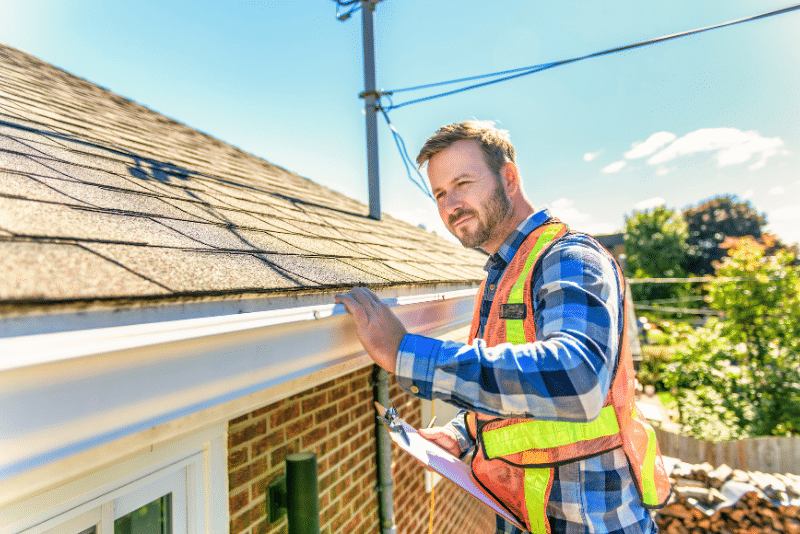 inspector performing a roof damage inspection after storm on a residential home