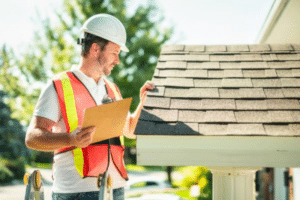 Inspector assessing roof condition during the roof leak inspection proces