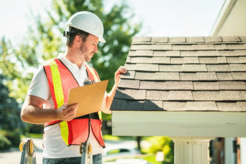 Inspector assessing roof condition during the roof leak inspection proces