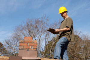 Roofing contractor inspecting a residential roof before an insurance claim.