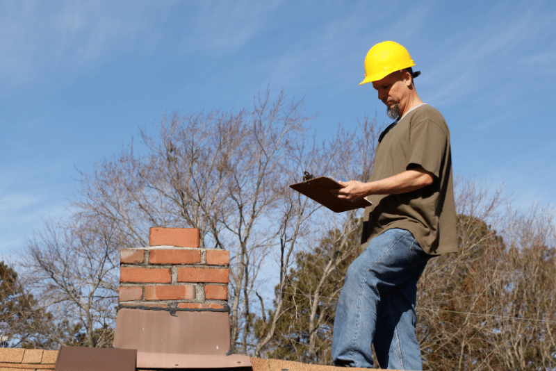Roofing contractor inspecting a residential roof before an insurance claim.